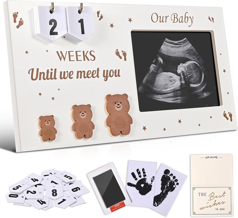 DACO MIN Pregnancy Countdown Sonogram Picture Frame with Number Cards & Newborn Handprint Kit – Bear-Themed Ultrasound Keepsake Gift for Expecting Parents & Grandparent Reveal (Brown) - Image 1